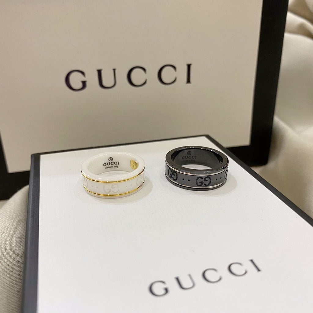 Gucci Double G Icon White Zirconia Ring - 8 mm Width - 18K Yellow Gold