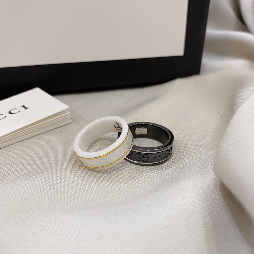 Gucci Double G Icon White Zirconia Ring - 8 mm Width - 18K Yellow Gold