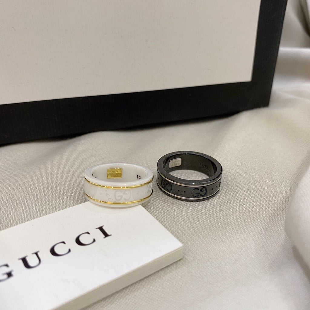 Gucci Double G Icon White Zirconia Ring - 8 mm Width - 18K Yellow Gold
