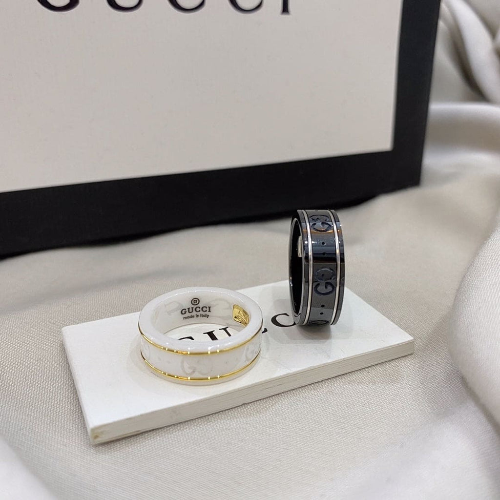 Gucci Double G Icon White Zirconia Ring - 8 mm Width - 18K Yellow Gold