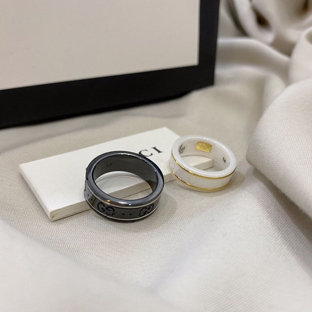 Gucci Double G Icon White Zirconia Ring - 8 mm Width - 18K Yellow Gold