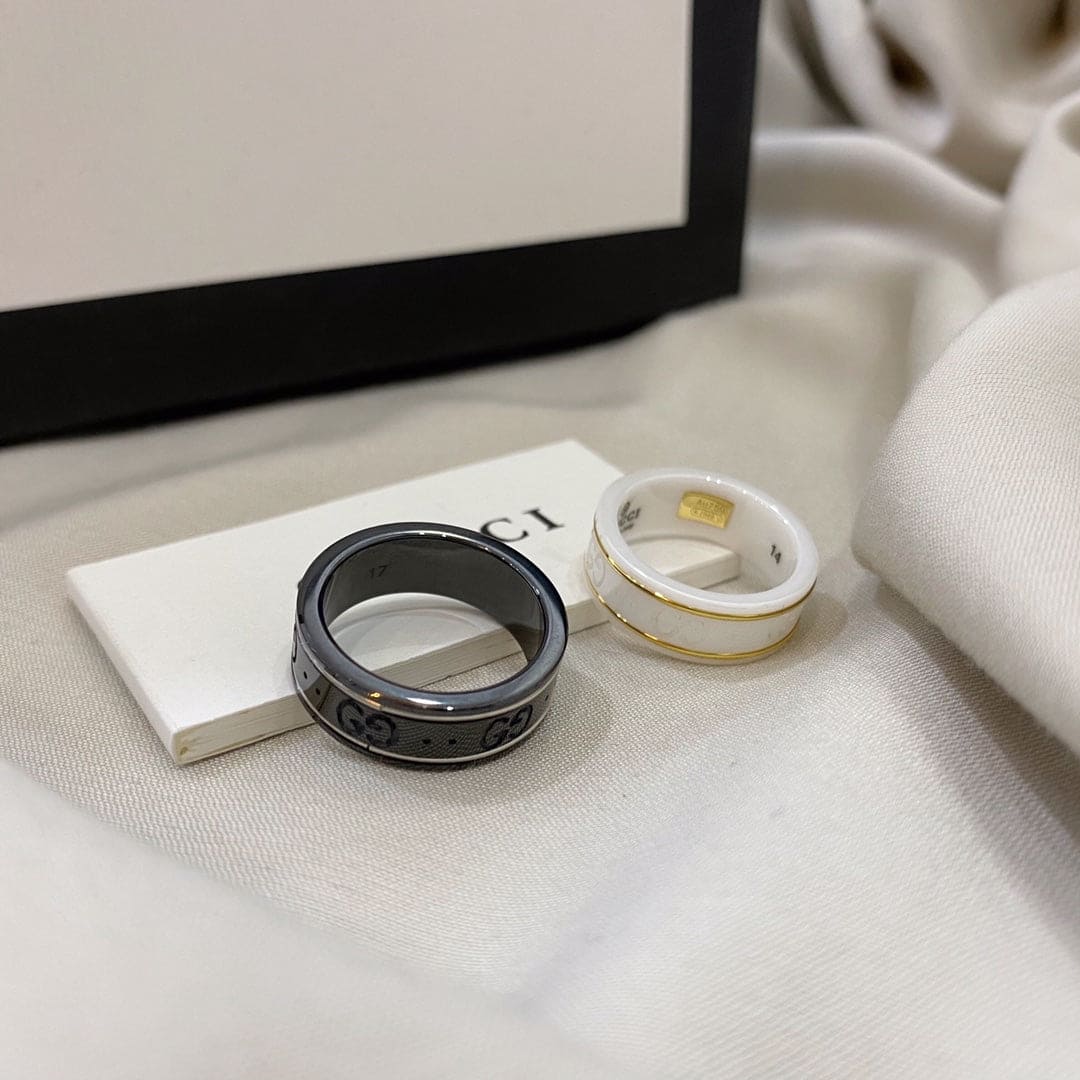 Gucci Double G Icon White Zirconia Ring - 8 mm Width - 18K Yellow Gold