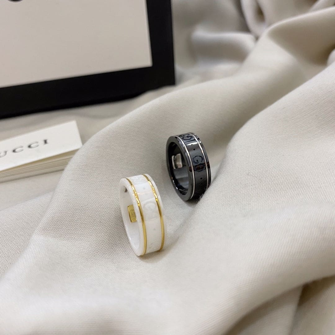 Gucci Double G Icon White Zirconia Ring - 8 mm Width - 18K Yellow Gold