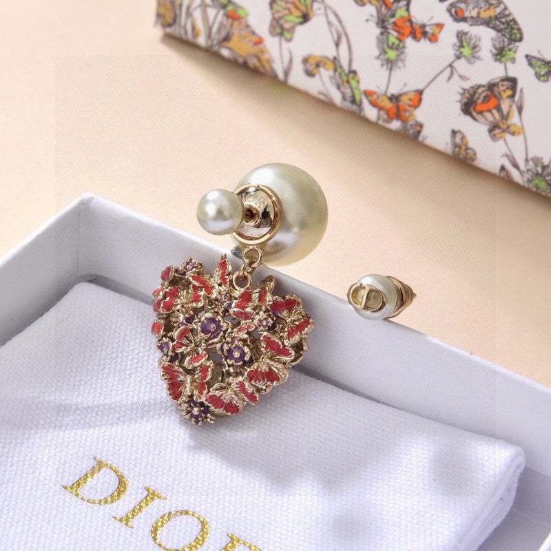 Dior Tribales Red Flower Heart Faux Pearl Earrings - 18K Yellow Gold