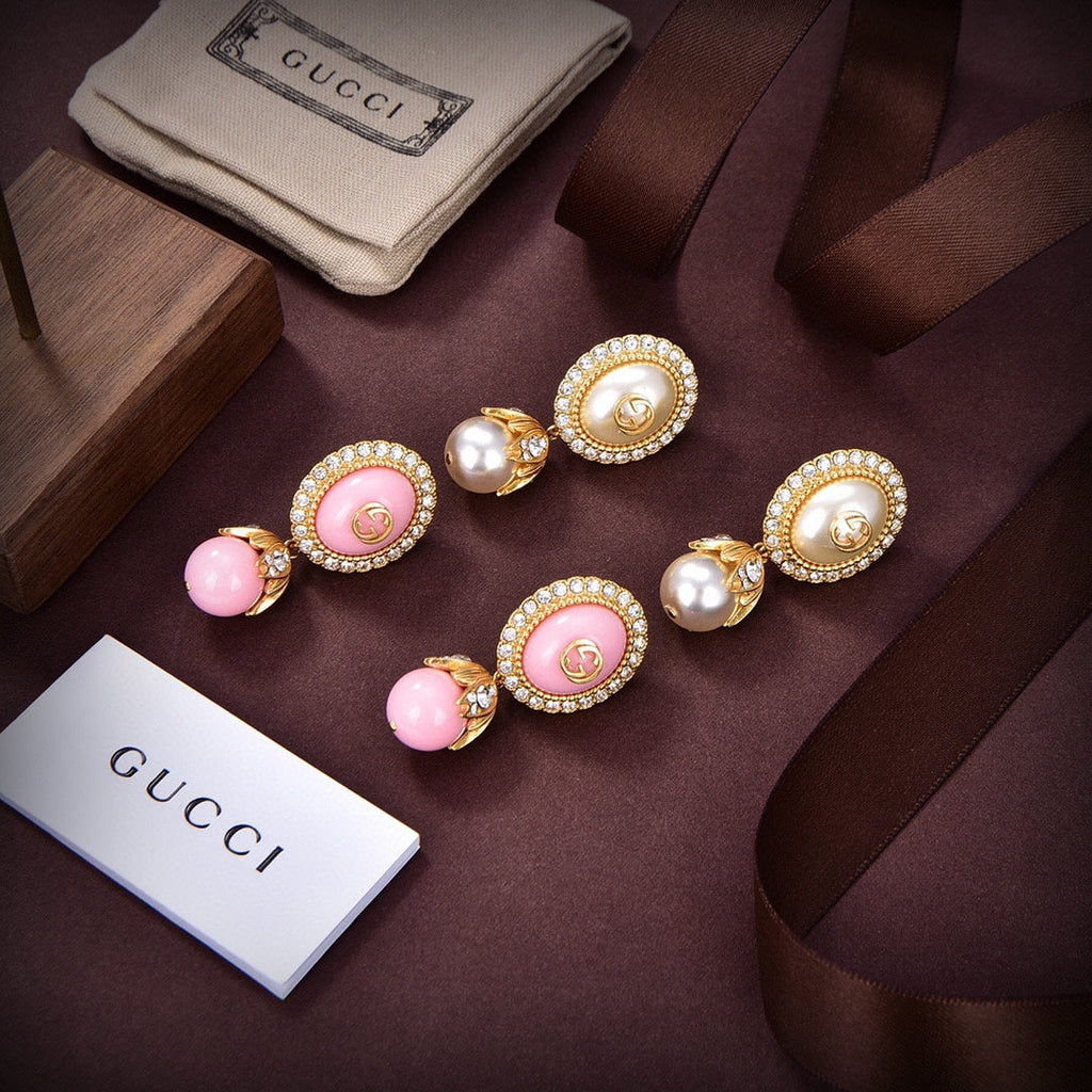 Gucci Double G Pink Pearl Earrings - 18K Yellow Gold