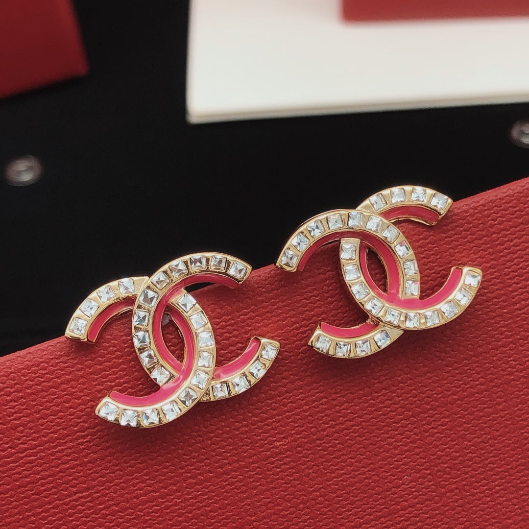 Chanel Pink Resin Crystal Earrings - 18K Yellow Gold
