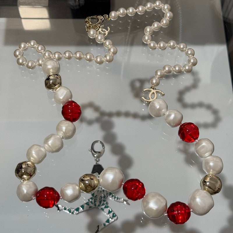 Chanel Red Crystal Pearl Necklace