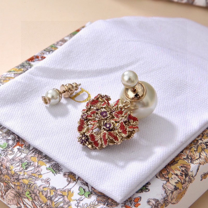 Dior Tribales Red Flower Heart Faux Pearl Earrings - 18K Yellow Gold