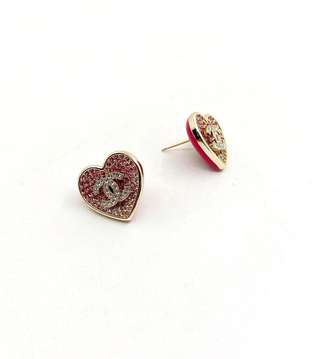 Chanel Diamond Pink Heart Earrings - 18K Yellow Gold