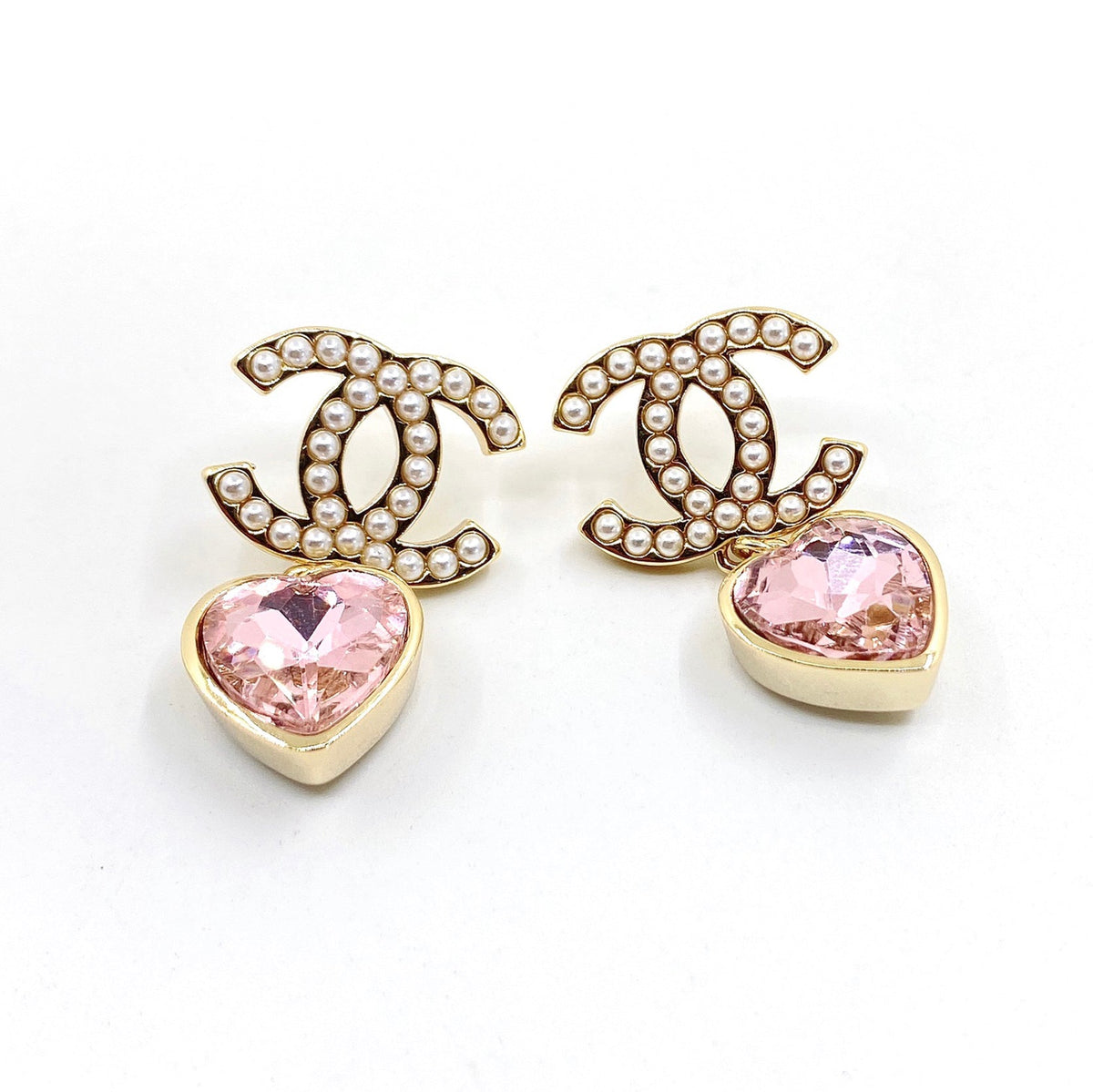 Chanel Pink Heart Crystal Earrings - 18K Yellow Gold