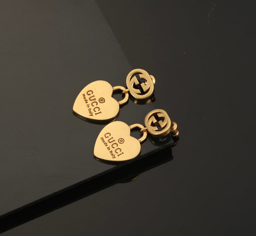 Gucci Double G Heart Pendant Earrings - 18K Yellow Gold