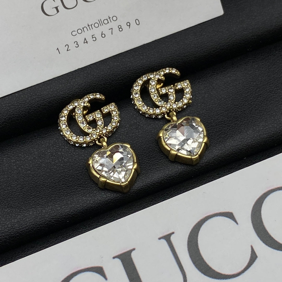 Gucci Double G Crystal Pendant Earrings - 18K Yellow Gold