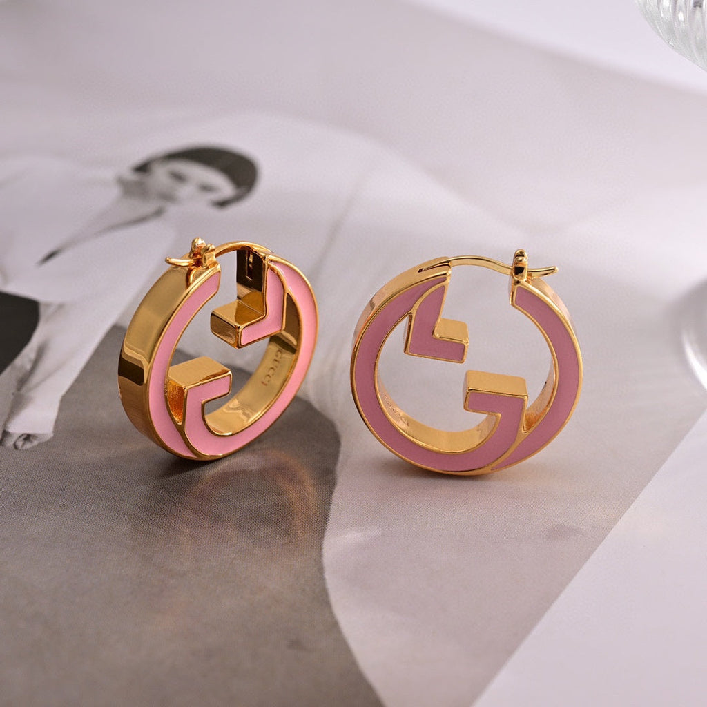 Gucci Double G Pink Hollow Earrings - 18K Yellow Gold