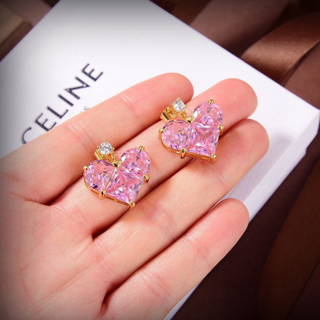 Celine Triomphe Pink Crystal Heart Earrings - 18K Yellow Gold