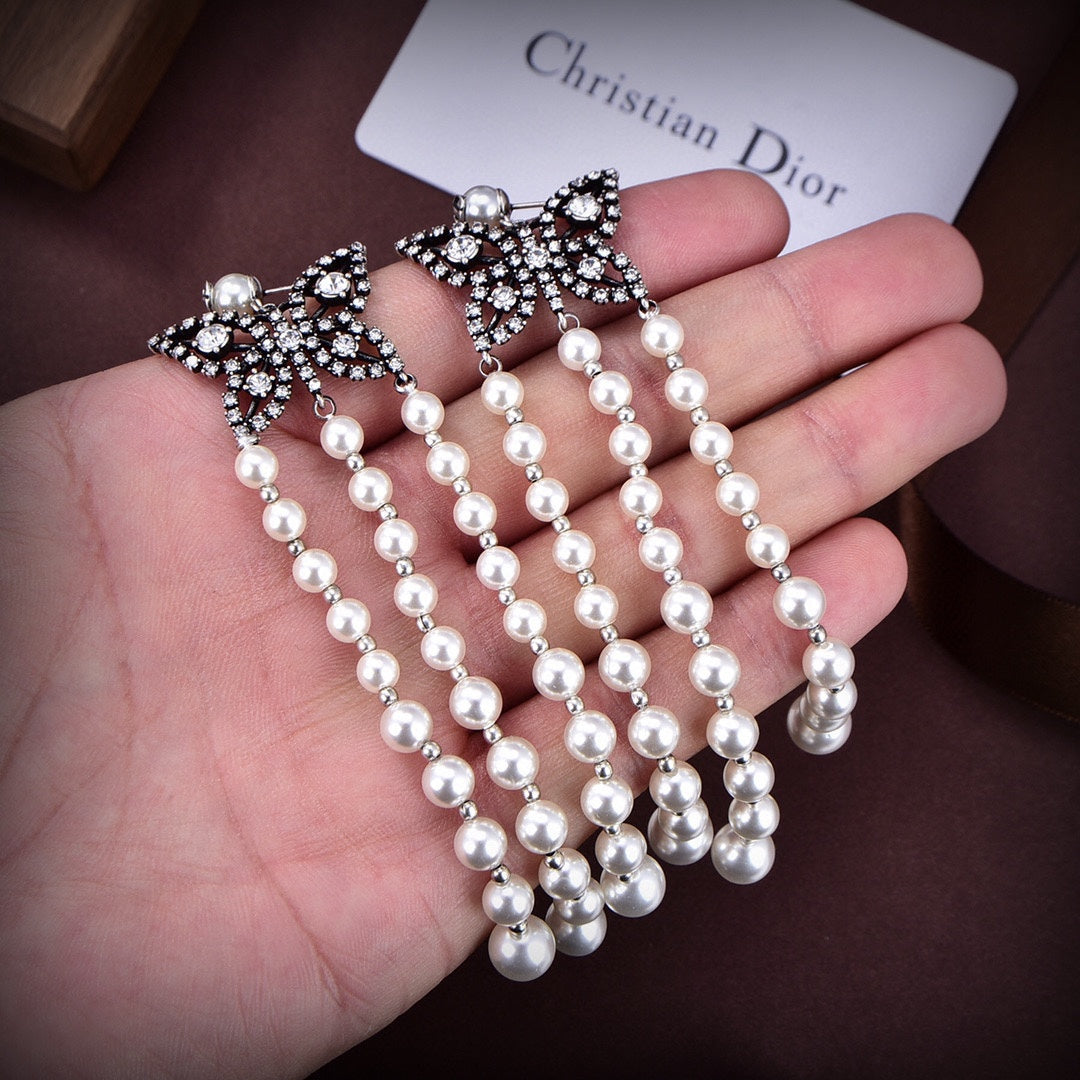 Dior Pearls Tassel Long Earrings
