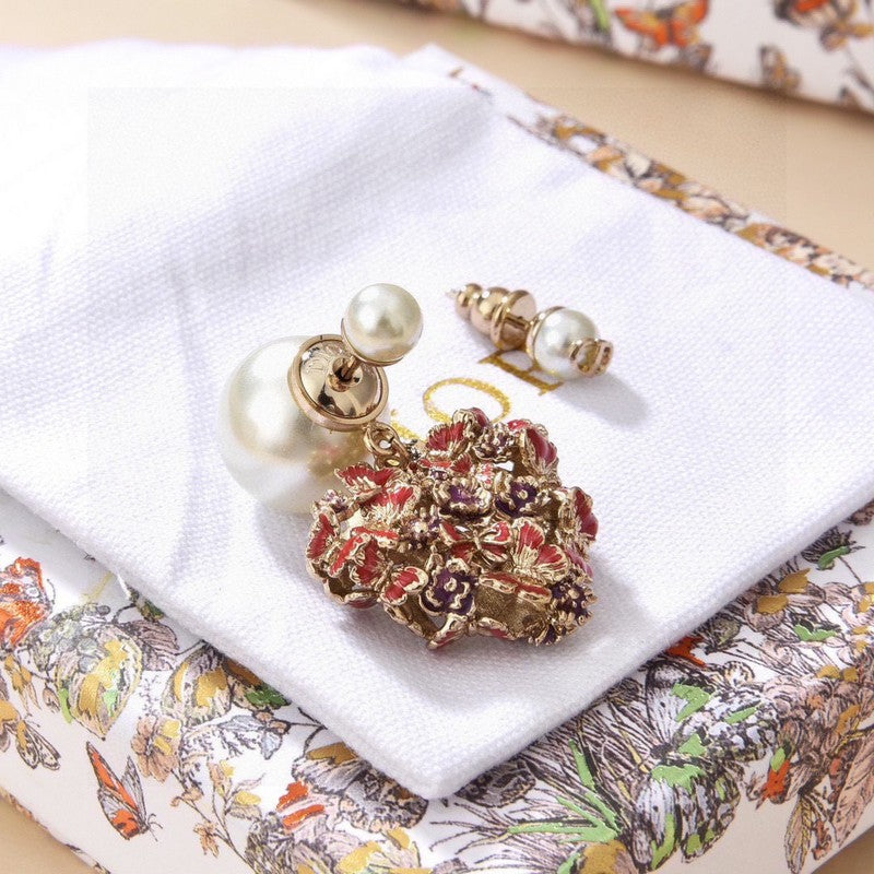 Dior Tribales Red Flower Heart Faux Pearl Earrings - 18K Yellow Gold