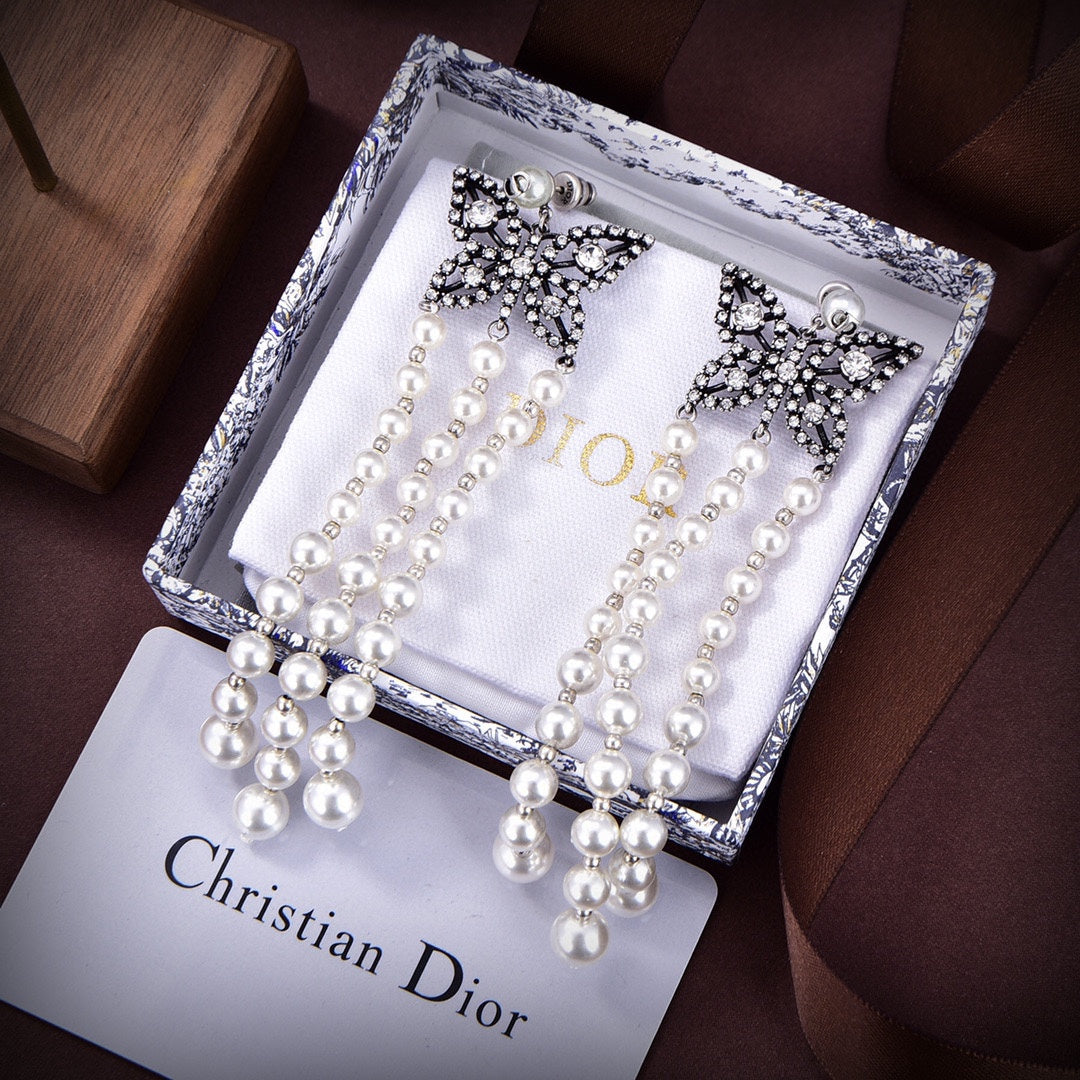 Dior Pearls Tassel Long Earrings