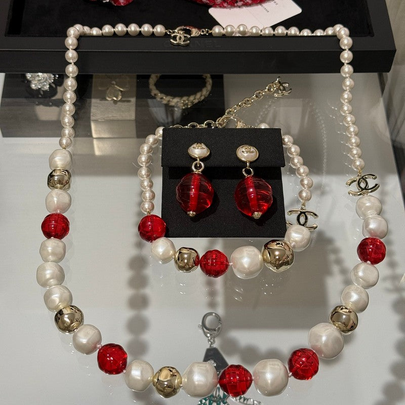 Chanel Red Crystal Pearl Necklace
