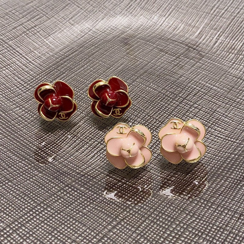 Chanel Red & Pink Camellia Earrings - 18K Yellow Gold