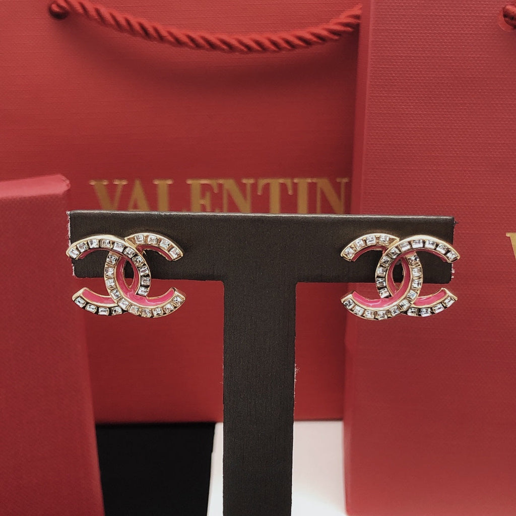 Chanel Pink Resin Crystal Earrings - 18K Yellow Gold